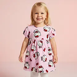 Malá dívka v růžových šatech se zvířecím motivem před růžovým pozadím. Malá dívka v růžových šatech se zvířecím motivem před růžovým pozadím.