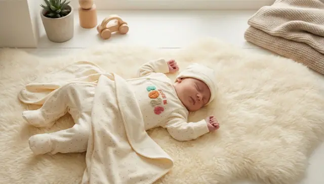 Miminko ve světlém overalu na měkké kožešině, vedle deka a dřevěná hračka. Miminko ve světlém overalu na měkké kožešině, vedle deka a dřevěná hračka.