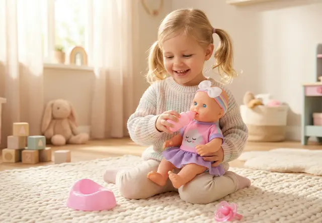 Malé dítě s copánky sedí na koberci a krmí panenku z hračky v jasné, útulné místnosti. Malé dítě s copánky sedí na koberci a krmí panenku z hračky v jasné, útulné místnosti.